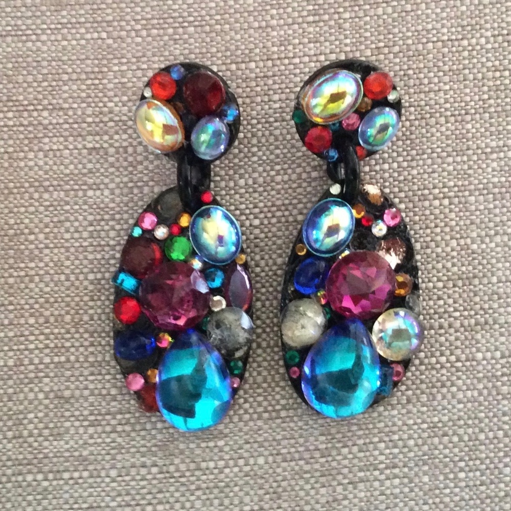 Multi-Colored Glass & Crystal Dangle Earrings for Pierced Ears Signed & Dated